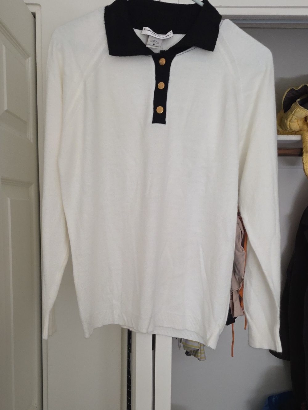 Classic Women's White Crewneck Sweater with Black Polo Collar